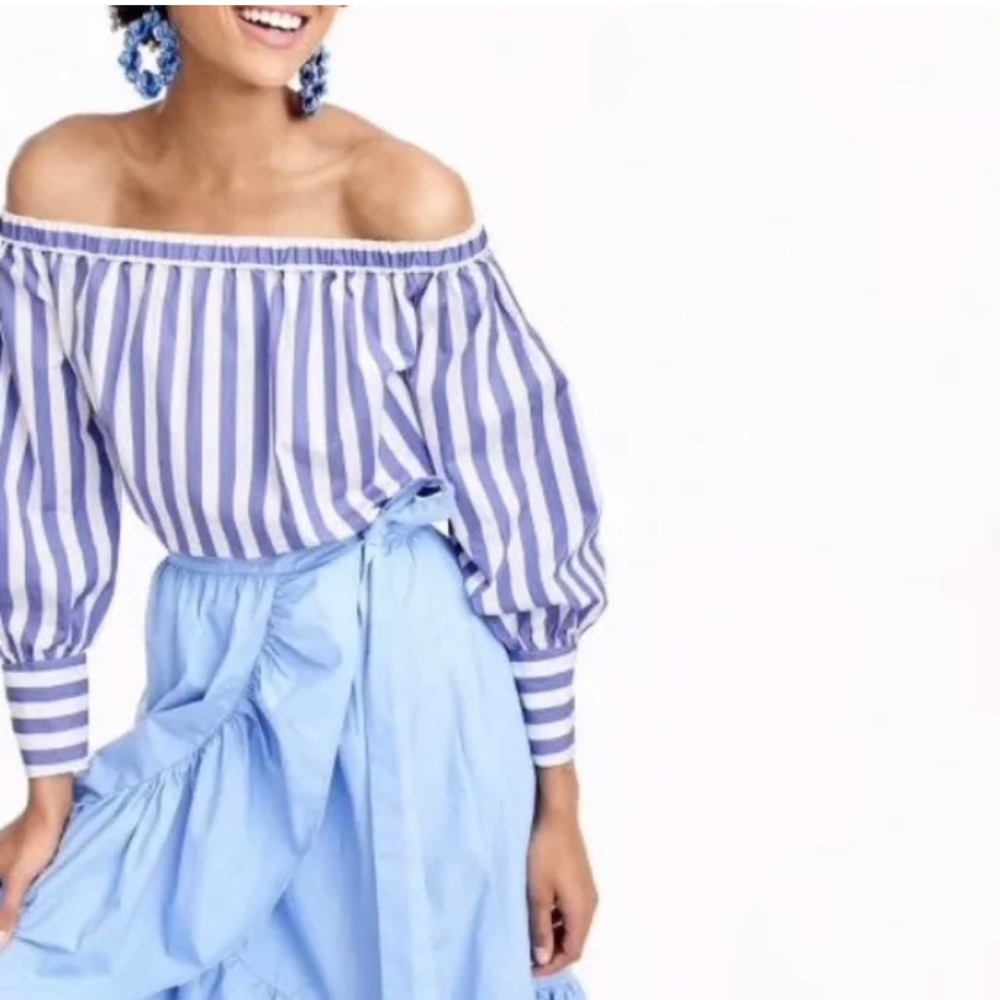 J.Crew Thomas Mason Blue White Stripe Off Shoulder Blouse Top Size 00 XS